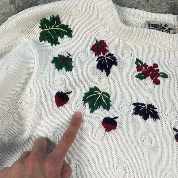 Northern Reflections Knit Ivory White Harvest Fall Leaves Sweater Crewneck Sz S - Picture 8 of 11